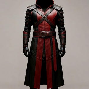 Handmade Red and Black Leather Assassin Coat – Hooded Gothic Trench Assassin Cosplay Costume for Men – Steampunk Warrior Costume Long Coat