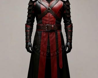 Handmade Red & Black Leather Assassin Coat: Gothic Steampunk Cosplay