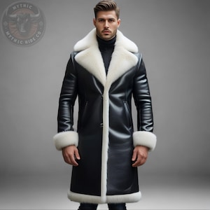 Men’s Black Shearling Leather Coat | Full-Length Winter Overcoat | Real Leather Fur Trim Jacket | Luxury Handmade Outerwear | Gift For Him