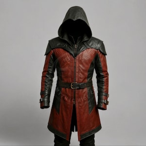 Handmade Black & Red Leather Assassin Coat: Gothic Cosplay Trench Jacket