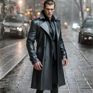 Men&#39;s Black Leather Trench Coat | Long Gothic Overcoat | Handmade Full-Length Leather Jacket | Mythic Style Outerwear for Men | Custom Fit
