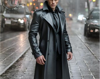 メンズゴシックブラックレザートレンチコート：ダブルブレスト、フル