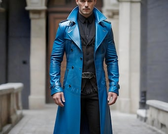 Trench in pelle di agnello blu da uomo: soprabito in stile gotico Matrix fatto a mano