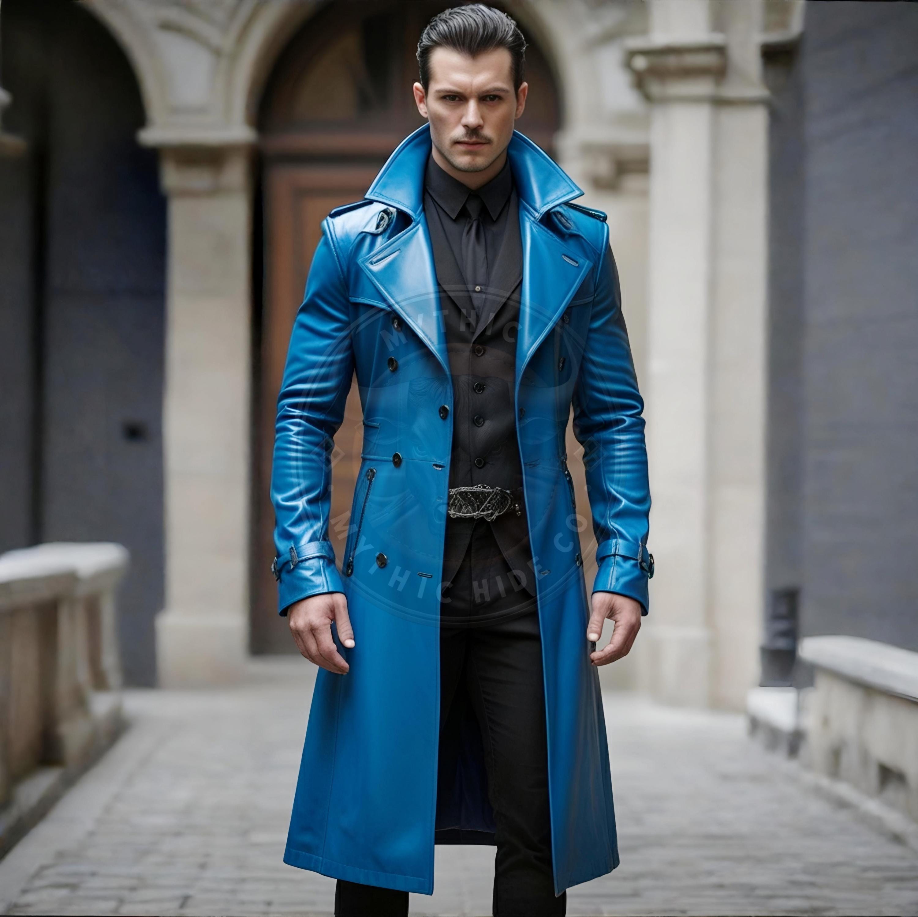 Men's Blue Lambskin Leather Trench Coat: Handmade Gothic Matrix