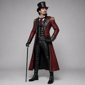 May include: A long burgundy leather coat with gold epaulets, a black leather vest, black leather trousers, and a black top hat. The ensemble includes a white collared shirt, a dark red cravat, black leather gloves, black boots, and a black cane.