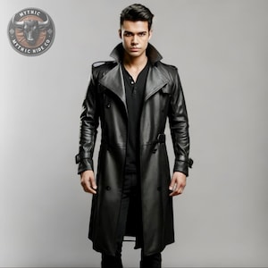 Men’s Black Leather Trench Coat – Gothic Long Leather Duster Jacket – Steampunk Cyberpunk Cosplay Coat – Handmade Full-Length Outerwear