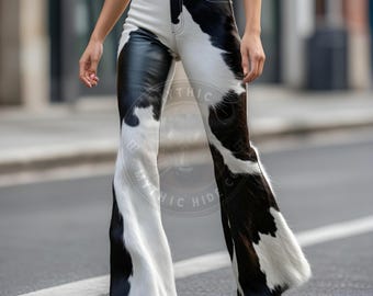 Handmade Cowhide Bell Bottom Pants: Western Boho Flare Trousers