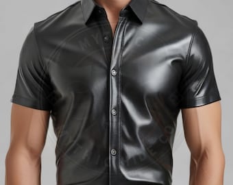 Men's Black Leather Short Sleeve Shirt: Slim Fit Biker Fashion