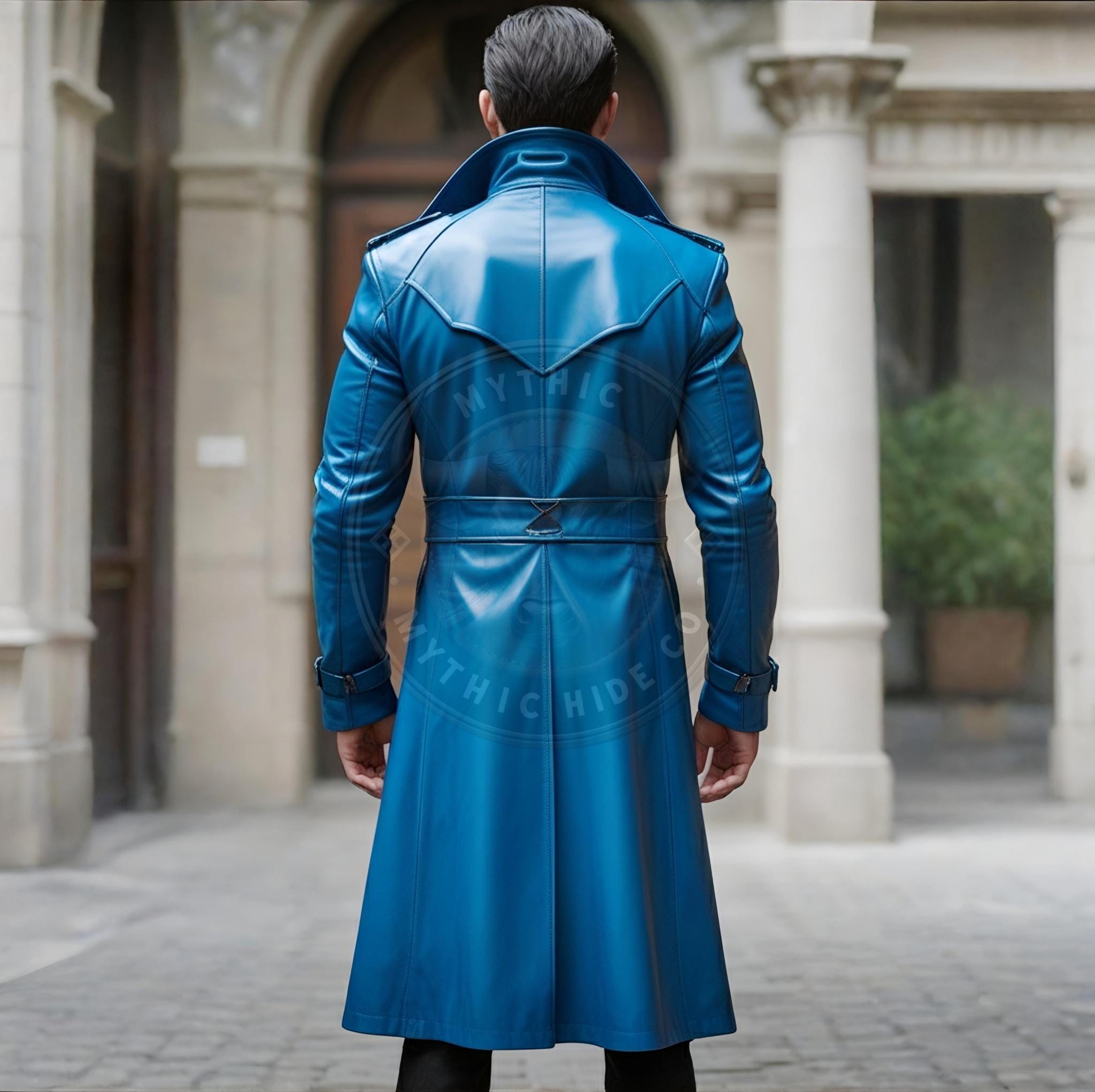 Men's Blue Lambskin Leather Trench Coat: Handmade Gothic Matrix