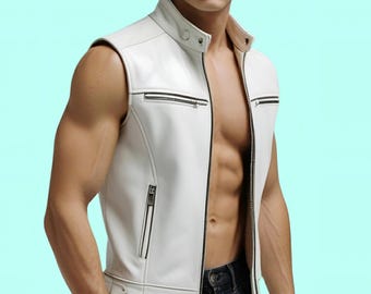 White Genuine Leather Biker Vest: Sleeveless Moto Jacket