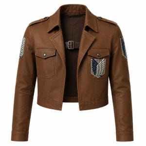 May include: Brown leather jacket with a notched collar, two front pockets, and a buckle closure. Features embroidered patches on the sleeves and chest. The jacket has a cropped design and a classic, tailored fit.