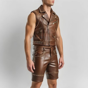 Handmade Brown Leather Biker Set: Studded Vest and Shorts - Punk Rock Clubwear