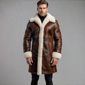 Men&#39;s Shearling Coat | Brown Real Sheepskin Leather Winter Jacket | Handmade Fur Lined Warm Long Coat | Vintage Style Outerwear Gift for Him