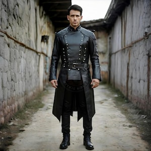 Gothic Black Leather Trench Coat for Men – Handmade Long Warrior Jacket – Steampunk Fantasy Cosplay Coat – Real Leather Medieval Overcoat