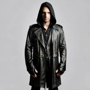 Men&#39;s Black Cowhide Leather Hooded Trench Coat: Gothic Steampunk Overcoat