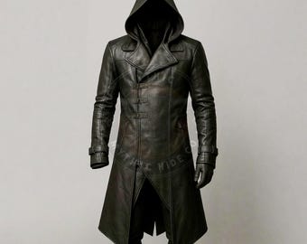 Handmade Black Leather Hooded Assassin Coat: Gothic Cosplay Trench
