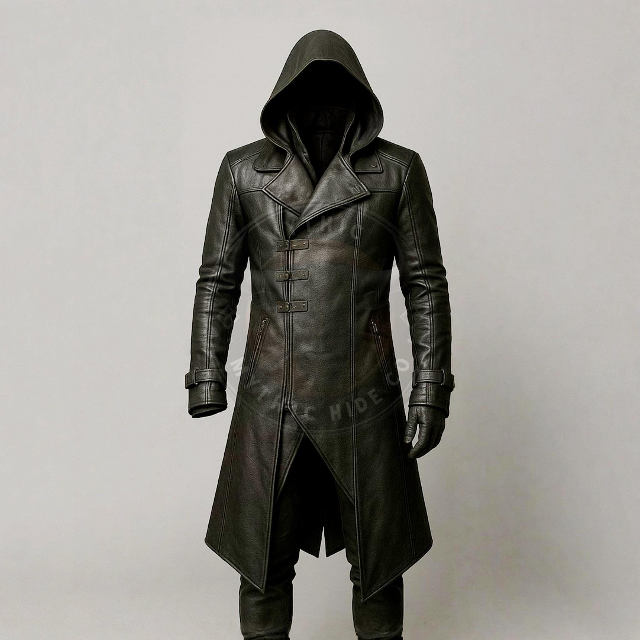 Handmade Black Leather Hooded Assassin Coat: Gothic Cosplay Trench