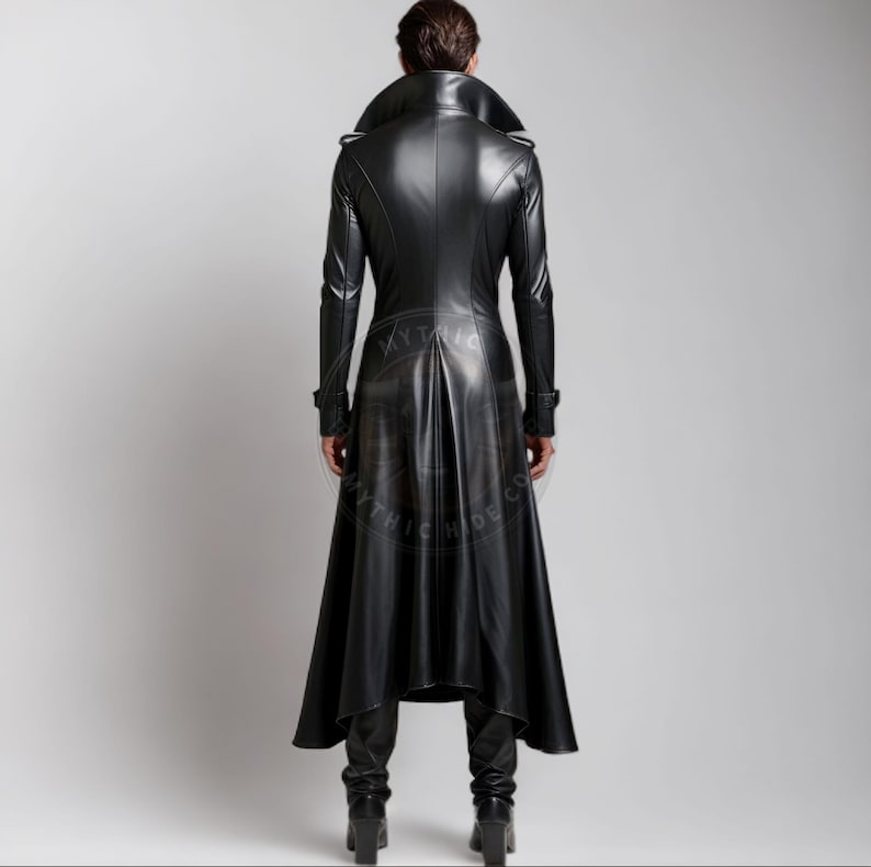 Front and back view of a men’s black leather vampire costume, featuring a long gothic trench coat, buttoned Victorian waistcoat, and slim-fit leather pants. The outfit is styled with a high collar and dramatic tailoring, suitable for cosplay, LARP, Halloween, and gothic fashion. Photographed in a neutral studio setting to highlight the real leather texture and structured silhouette.
