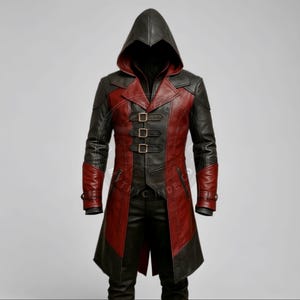 Handmade Hooded Leather Assassin Coat: Red & Black Steampunk Trench