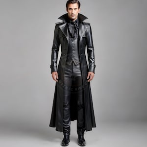 Men&#39;s Black Leather Vampire Costume: Gothic Victorian Trench Coat