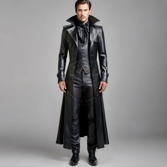 Men's Black Leather Vampire Costume: Gothic Victorian Trench Coat