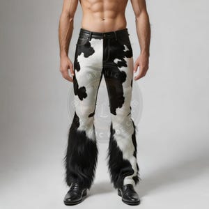 Men’s Real Cowhide Leather Pants with Fur | Cowboy Rodeo Chaps | Festival Western Pants | Handmade Custom Cow Print Bottoms