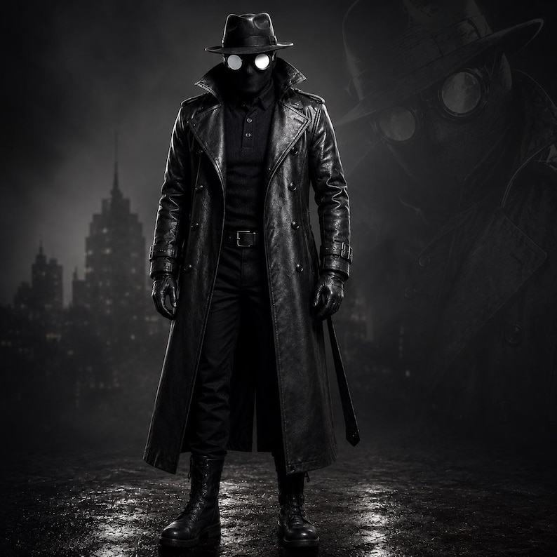Zestaw płaszcz i kapelusz Spider-Man Noir | Czarny skórzany płaszcz typu trench fedora | Into The Spider Verse Cosplay | Kostium detektywa Noir na Halloween dla mężczyzn zdjęcie 1