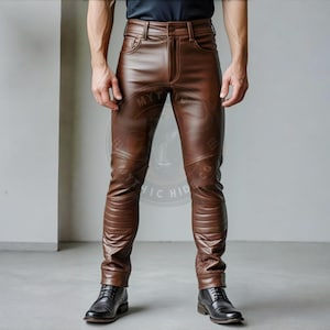 Handmade Brown Leather Biker Pants: Slim Fit Quilted Trousers