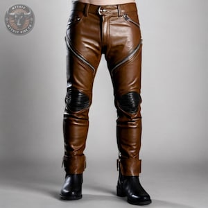 Handmade Brown Leather Biker Pants: Moto Style, Knee Armor