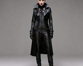 Handmade Black Leather Armor Costume: Gothic Vampire Trench Coat Set