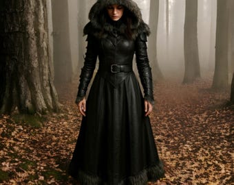 Black Leather Hooded Coat: Medieval Witch, Gothic Sorceress Costume
