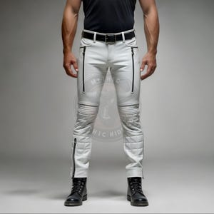 Handmade White Leather Biker Pants | Slim Fit Zipper Motorcycle Trousers for Men | Quilted Genuine Leather Streetwear Bottoms