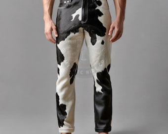 Handgefertigte Rindslederhose: Schwarz-Weiße Western Rodeo Jeans