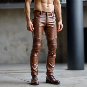 Handmade Brown Leather Biker Pants: Slim Fit Quilted Motorcycle Trousers