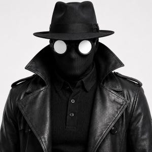 Może przedstawiać: Czarny kapelusz fedora z satynową wstążką, okrągłe gogle w srebrnych oprawkach oraz czarna maska zakrywająca głowę. Str&oacute;j składa się z czarnej koszulki polo z guzikami oraz czarnego sk&oacute;rzanego płaszcza z szerokim kołnierzem i pagonami na ramionach.