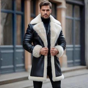 Men&#39;s Black Shearling Leather Coat with White Fur Trim | Genuine Black Cow Leather Trench Jacket | Warm Luxury Long Leather Overcoat for Men