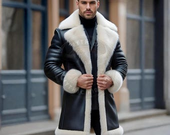 Men's Black Shearling Cow Leather Trench Coat: White Fur Trim