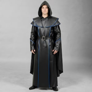 Black Hooded Leather Wizard Robe | Sorcerer Cosplay Costume with Belt | LARP & Renaissance Faire Outfit