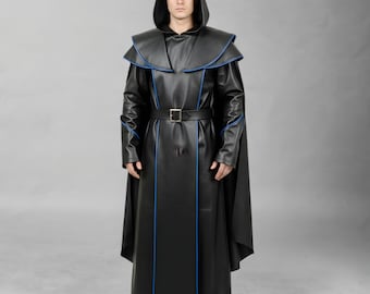 Zwart leren tovenaarsgewaad met capuchon | Tovenaar-cosplaykostuum met riem | Faire-outfit LARP en renaissance