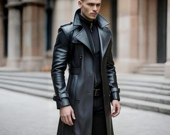 May include: A black leather trench coat with a double-breasted closure, a belt, and a collar.