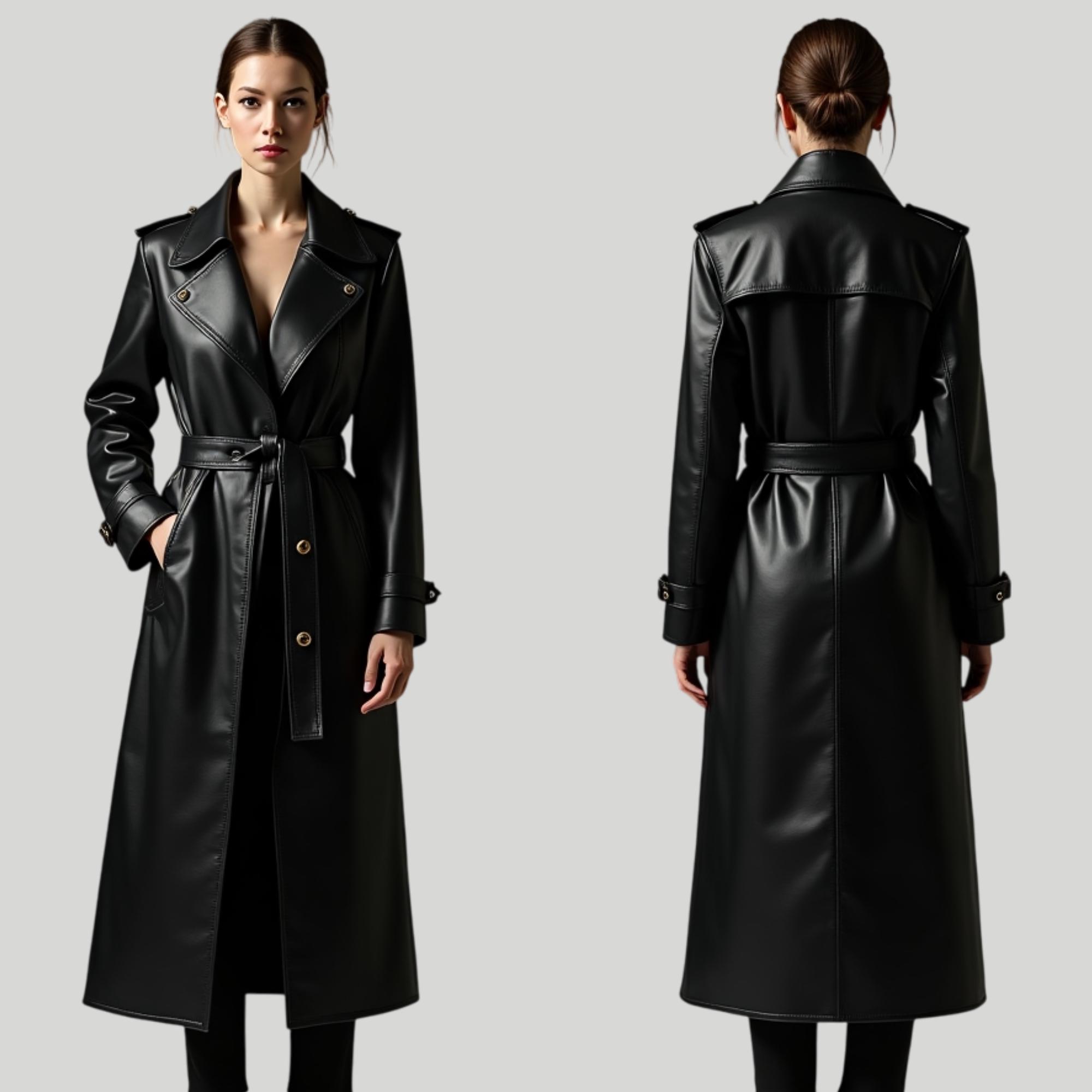 レディース本革ブラックトレンチコート - ロングベルト付きダブル
