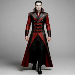 Handmade Gothic Leather Trench Coat: Red & Black Steampunk Vampire Overcoat
