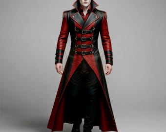 Handgjord gotisk lädertrenchcoat: Röd & svart steampunk vampyröverrock