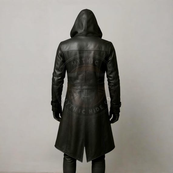 Handmade Black Leather Hooded Assassin Coat: Gothic Cosplay Trench