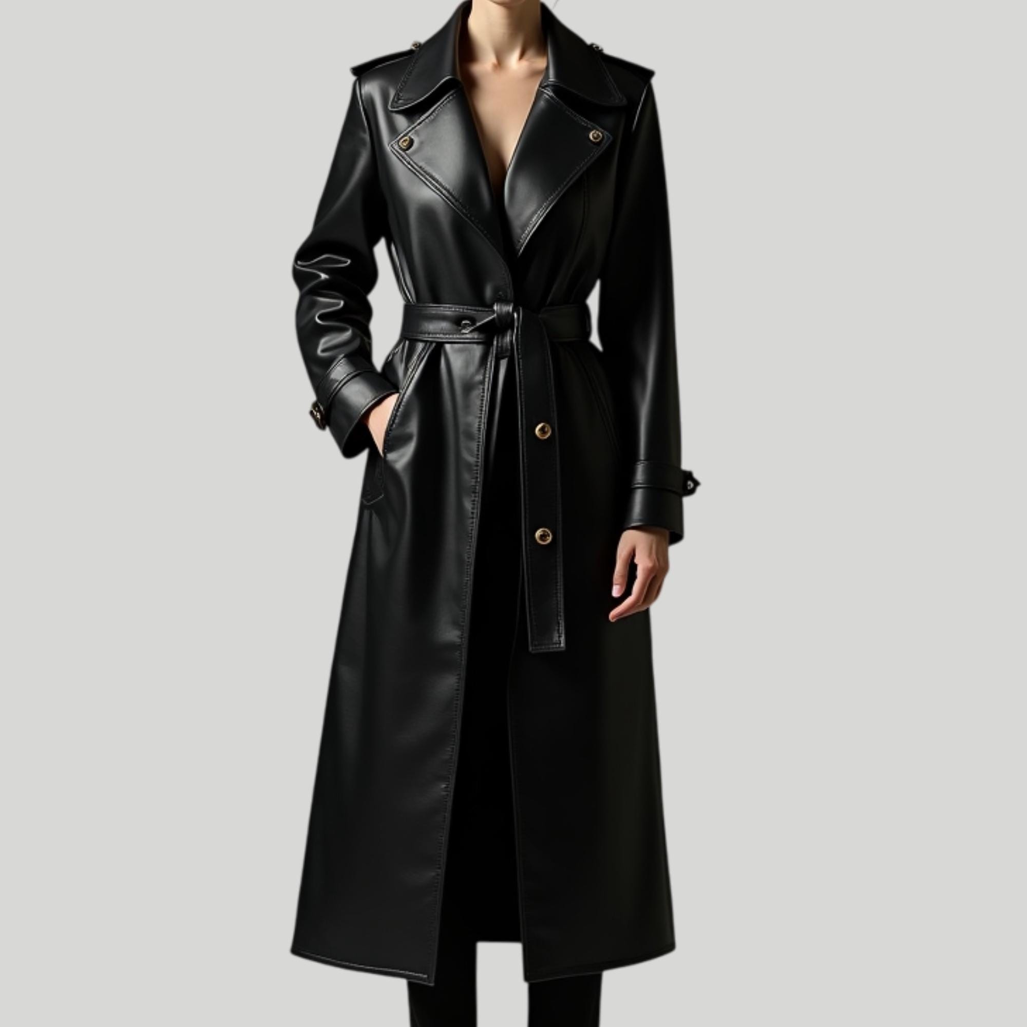 レザー ダブルブレスト トレンチコート 黒革 Amazon | ロングブラック Pu レザートレンチコート女性のための