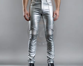 Men's Silver Leather Pants: Handmade Quilted Biker Trousers