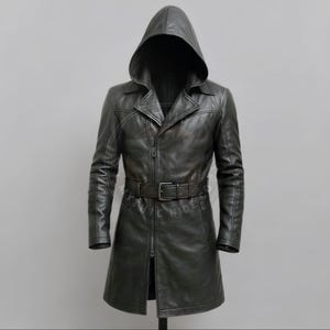 Handmade Black Leather Assassin Coat with Hood | Gothic Steampunk Cosplay Jacket | Custom Belted Long Trench Costume for Men