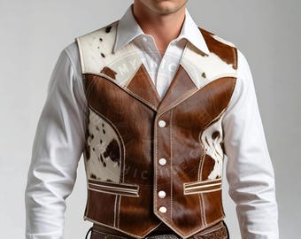 Gilet western in pelle di vacchetta con pelo fatto a mano: abbigliamento rustico da cowboy