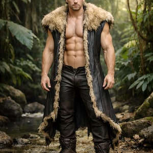 Men's Viking Fur Trimmed Leather Duster Vest | Medieval Barbarian Cosplay Costume