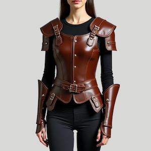 Handcrafted Brown Leather Women’s Armor Set – Medieval Chest Plate & Arm Guards – Fantasy Cosplay LARP Costume – Custom Leather Body Armor